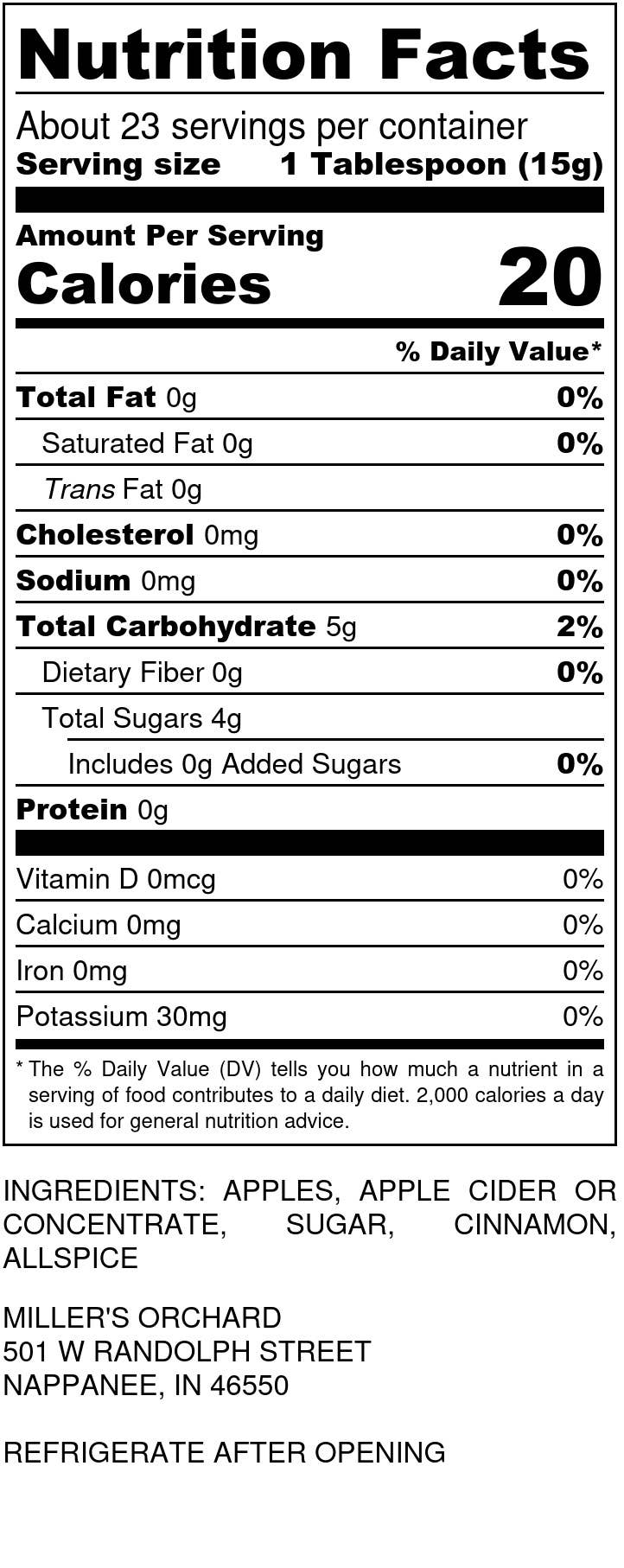 Nutrition facts label for a product with serving size, calories, and ingredient list.