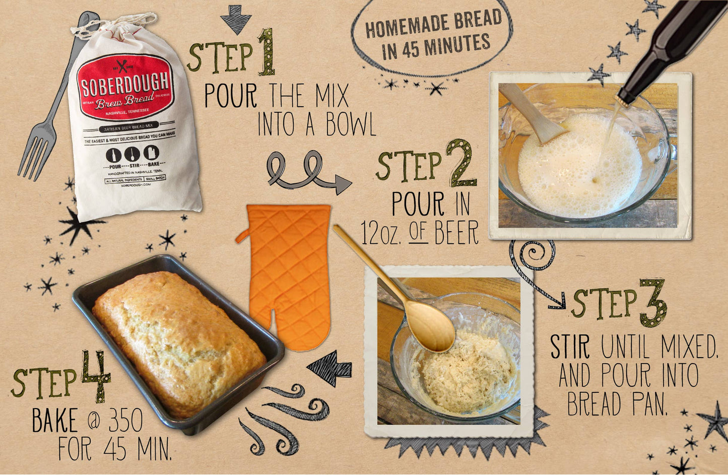 Step-by-step guide to making homemade bread with ingredients and tools on a rustic background.