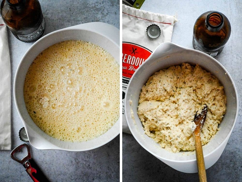 Two stages of beer bread preparation in a bowl with a bottle of beer and a towel in the background.