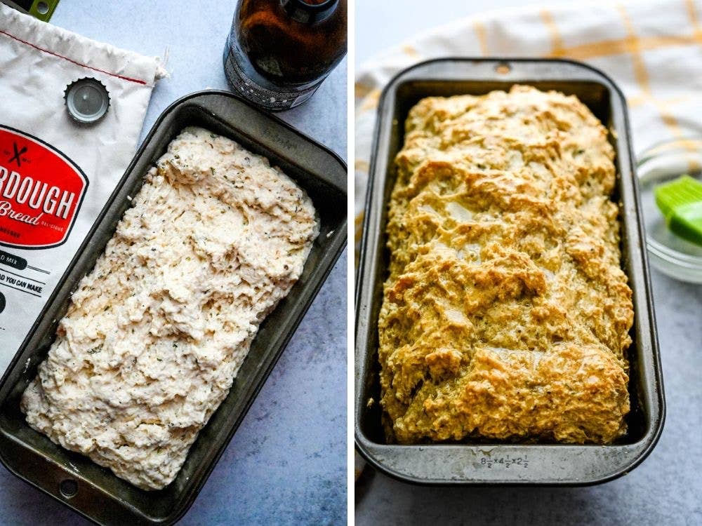 Before and after transformation of a loaf of bread in a baking pan with a bag of flour and bottle of beer.