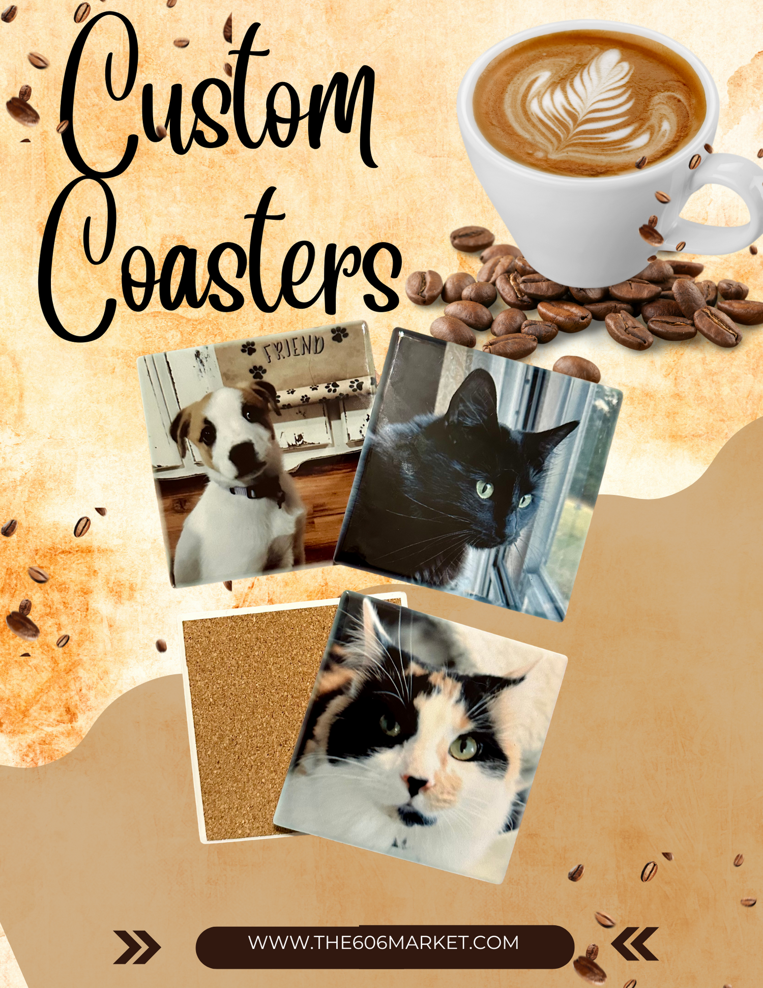 A promotional image for custom coasters, featuring a graphic of a steaming mug with a caption that reads 'Custom Coasters,' and three personalized coasters with photos of a white dog, a black cat, and a cat with a white and black coat, accompanied by text that reads 'A perfect personalized gift.'.