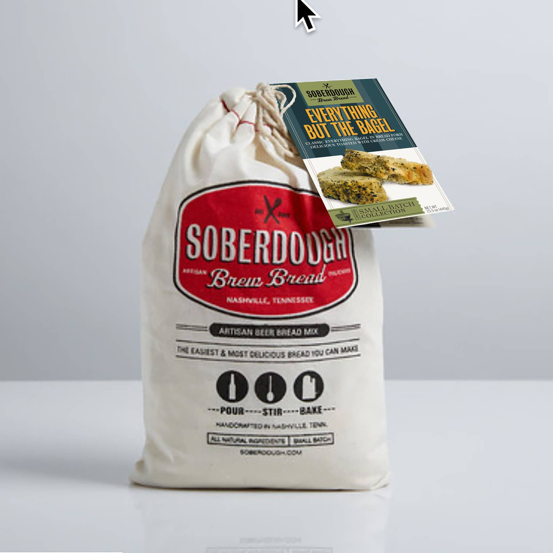 Bag of Soberdough Brew Bread with a smaller bag labeled 'Everything But The Bagel' on a light gray background