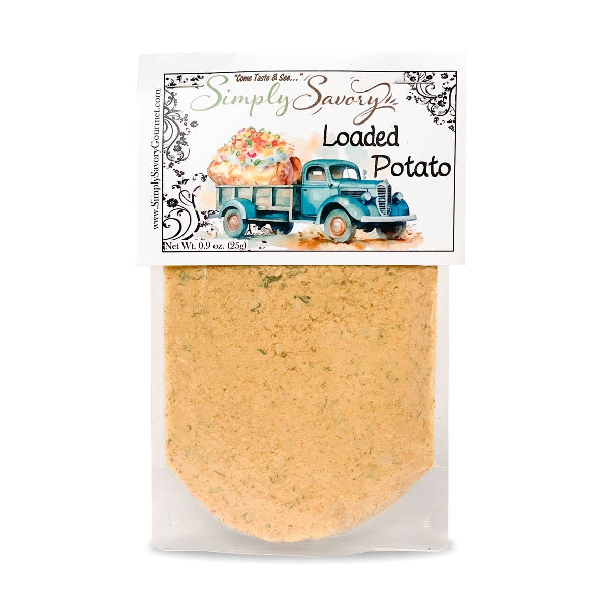 Package of 'Simply Savory Loaded Potato' seasoning mix with a truck design on the label.